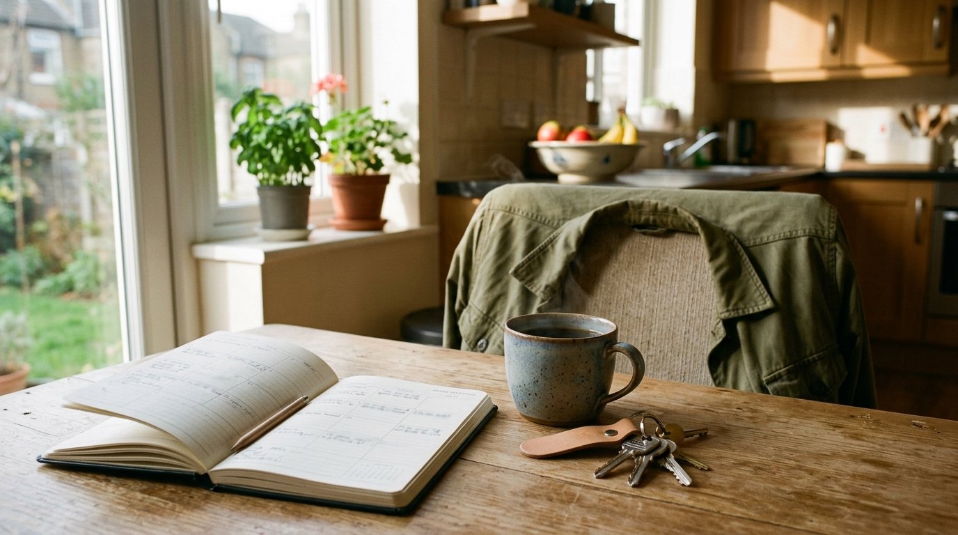 A quiet kitchen table with a mug and an open planner in morning light