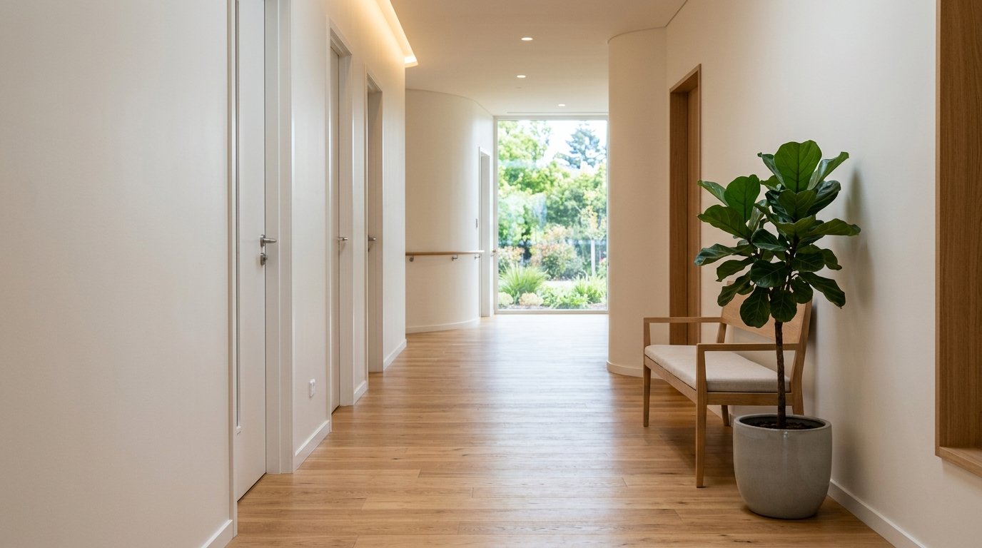 An empty hallway in a calm care setting with soft daylight from a window