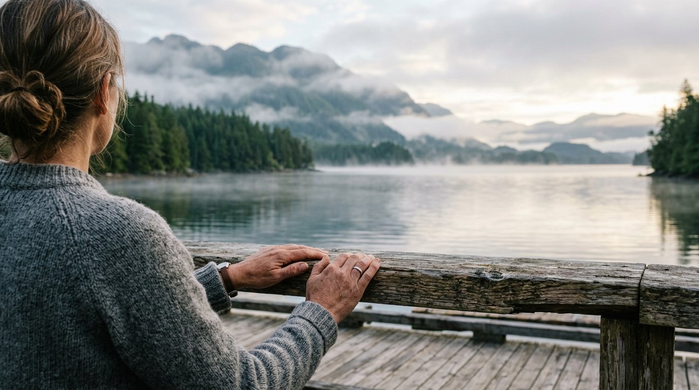 A person's hands resting on a wooden railing overlooking calm water and forested hills