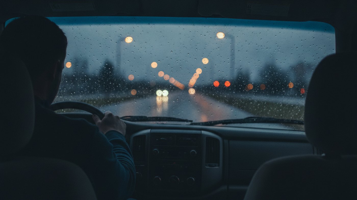 A man seen from behind at the wheel of a truck on a rainy evening, headlights blurred through the wet windshield