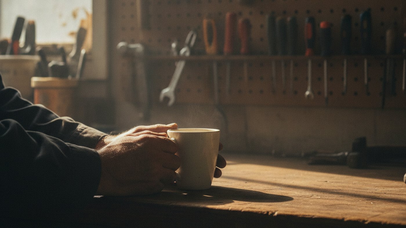 Hands wrapped around a coffee mug on a workbench in a quiet garage workshop, soft morning light