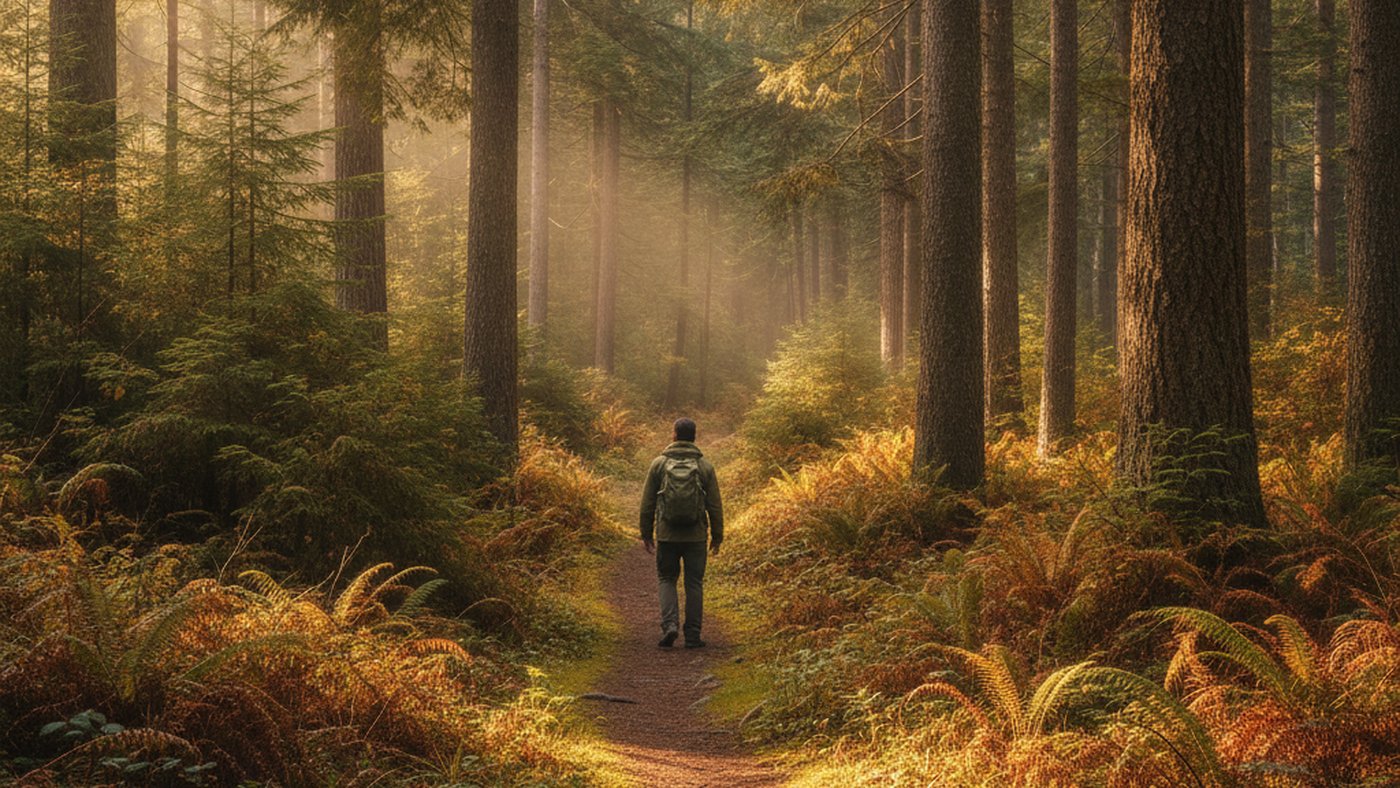 A man seen from behind walking alone on a forest trail in soft autumn light among tall evergreens
