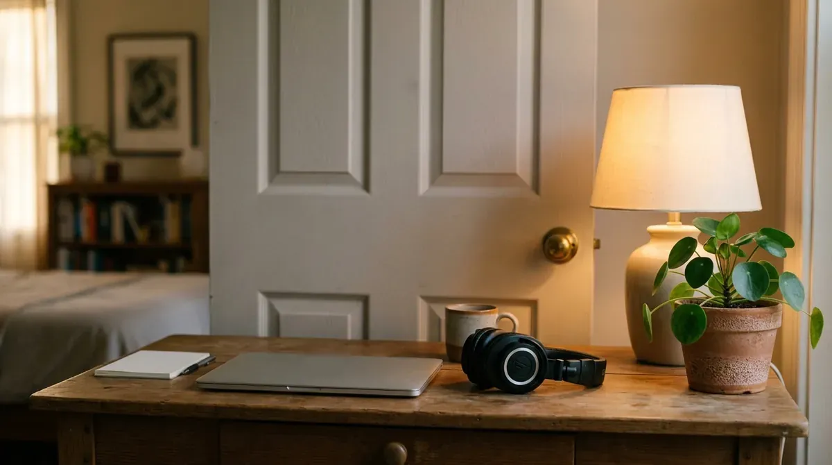A small home desk with headphones, a closed laptop and a lamp beside a bedroom door