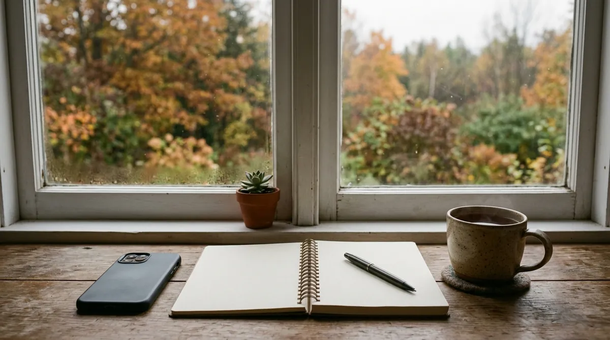 A phone on a windowsill beside an open notebook and a cup of tea