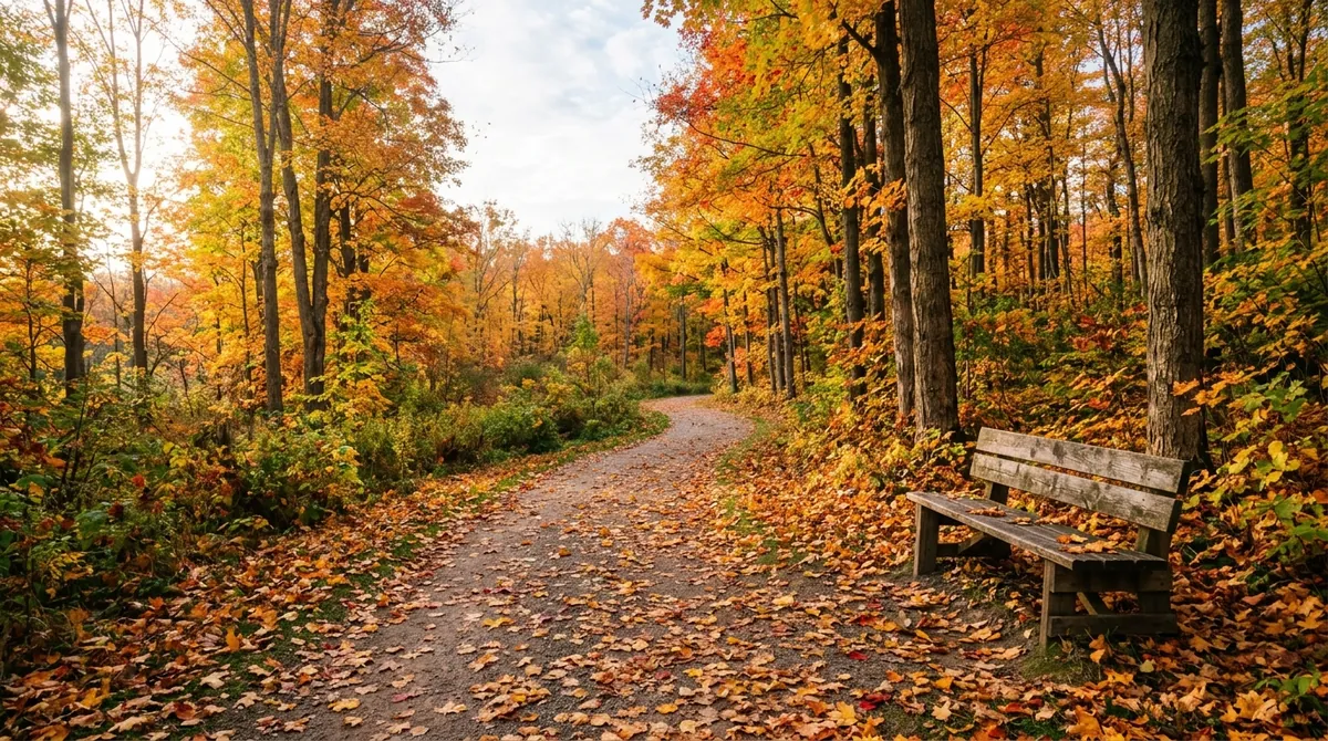 A park path in Ontario lined with maple trees in autumn colour
