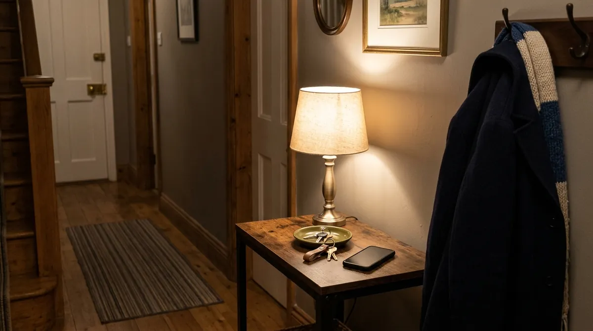 A hallway table with house keys and a phone under evening lamplight