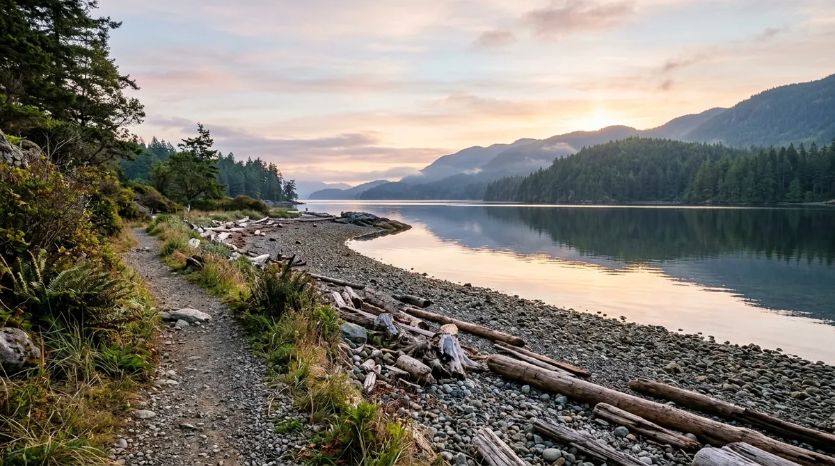 A shoreline path on Vancouver Island at dawn with calm water and forested hills