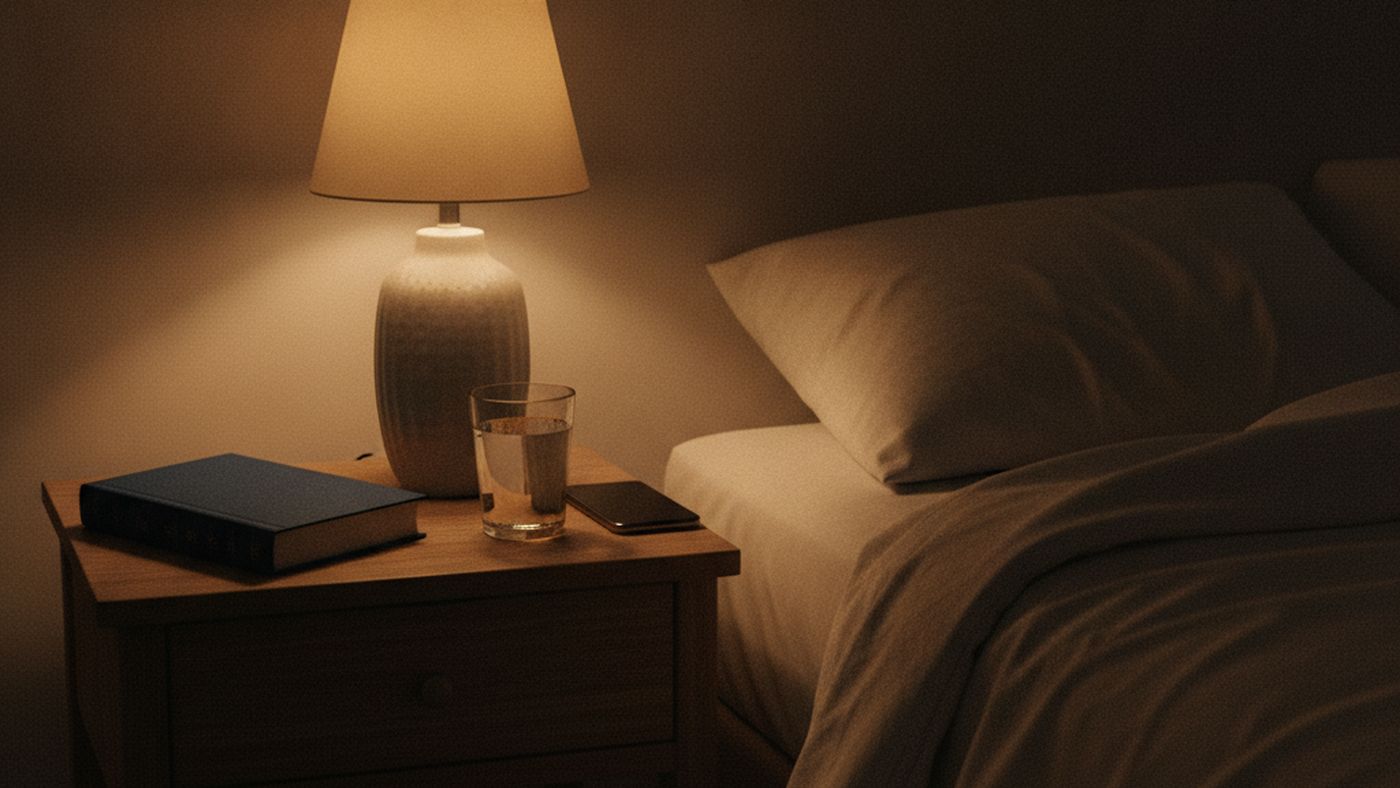 A bedside table at night with a softly glowing lamp, a glass of water, a closed book and a phone face down