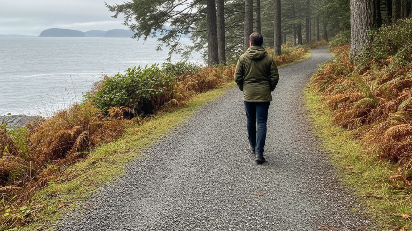 An adult seen from behind walking along a gravel coastal path between tall evergreens on an overcast autumn day