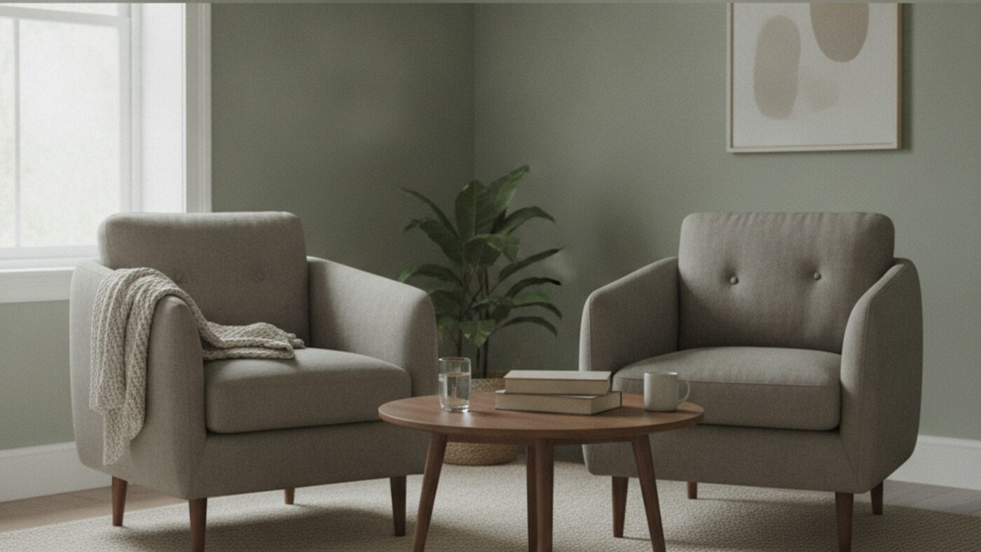 Two armchairs in a quiet counselling room with only one occupied by a folded blanket, soft daylight from a window