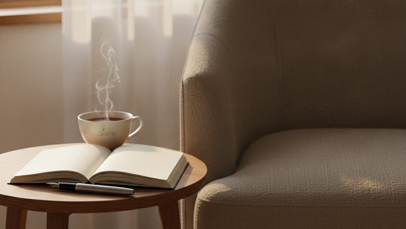 Notebook and a cup of tea on a side table beside an armchair in warm afternoon light