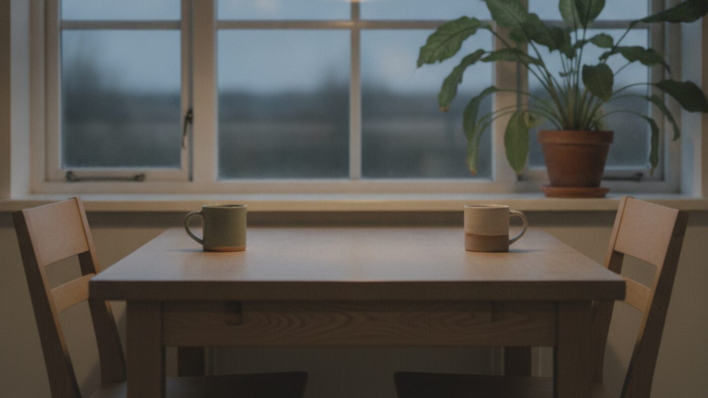 Two mugs at opposite ends of a kitchen table with empty chairs angled apart, a quiet picture of distance in a relationship