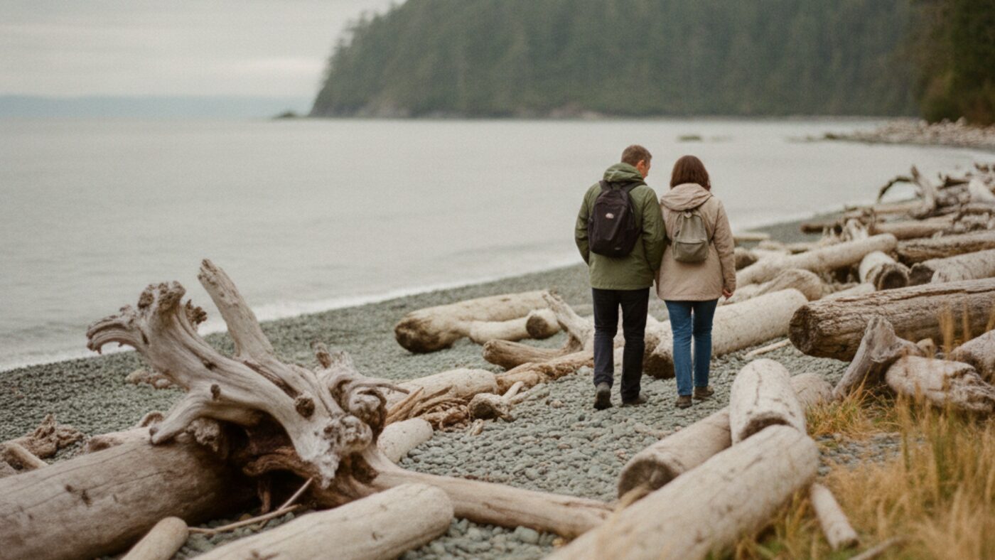 A couple walking side by side along a driftwood beach on Vancouver Island on an overcast afternoon