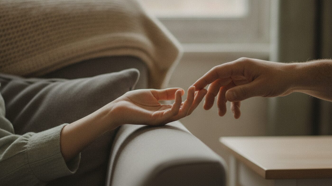 Two hands reaching gently toward each other on a sofa, a picture of partners reconnecting in couples counselling