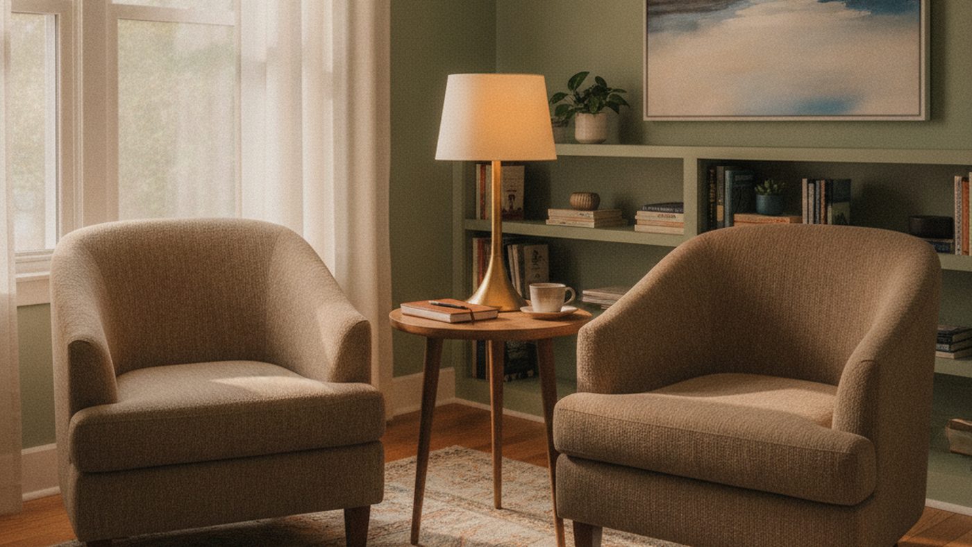 Two armchairs facing each other beside a lamp in a small, private counselling office