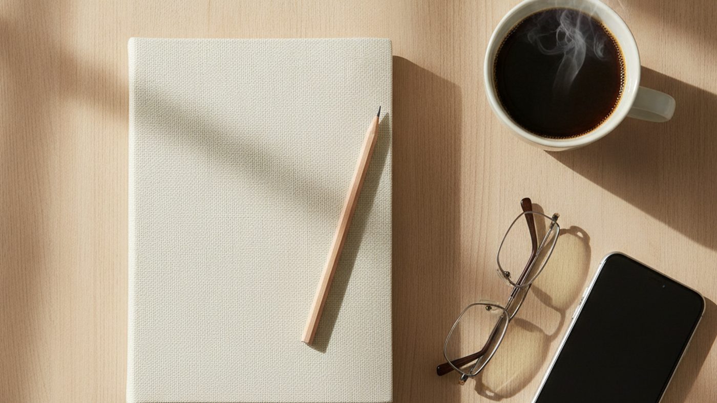 A closed notebook, pencil, coffee cup and glasses on a wooden table in morning light