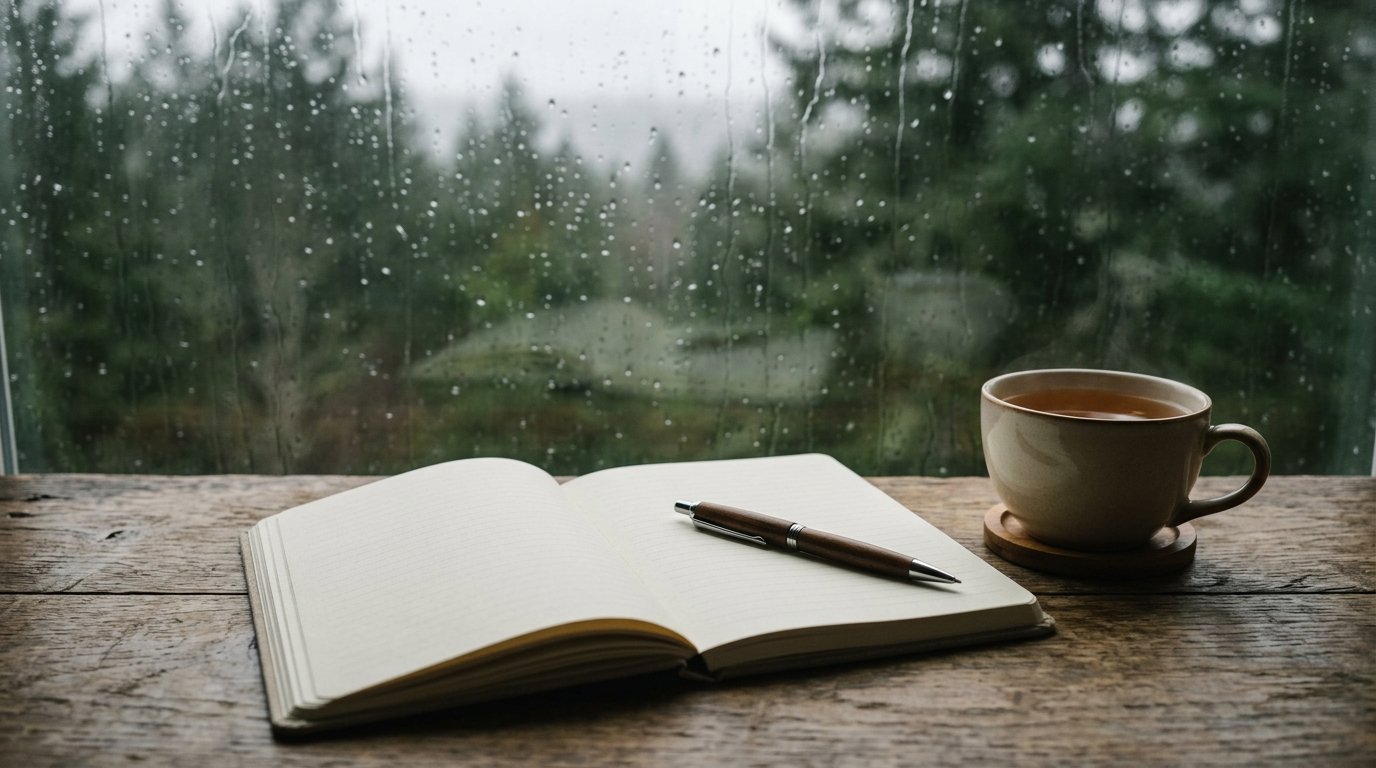An open notebook with a pen and a cup of tea on a desk by a rainy window