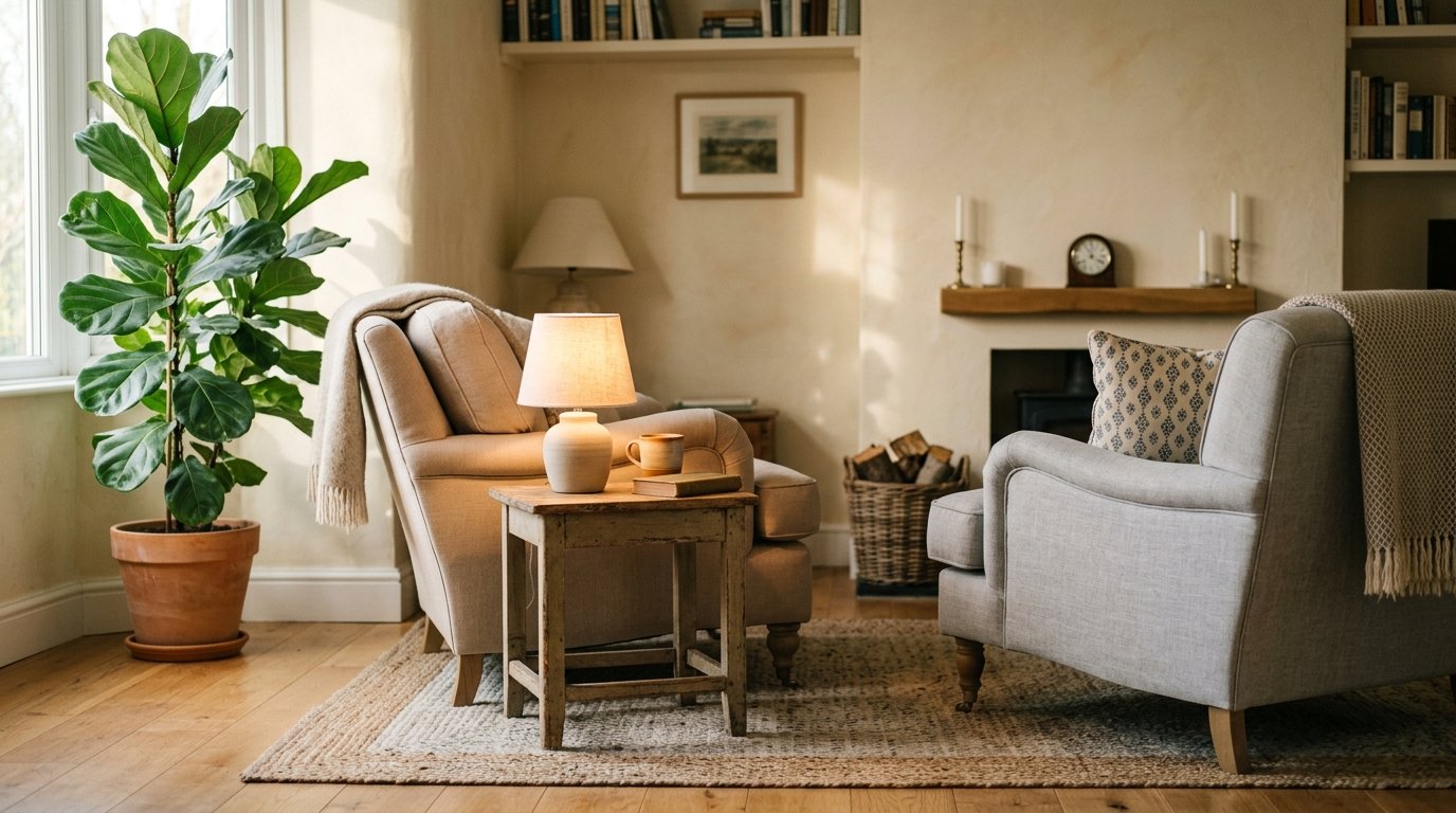 Two armchairs angled toward each other in a quiet, softly lit room with a plant