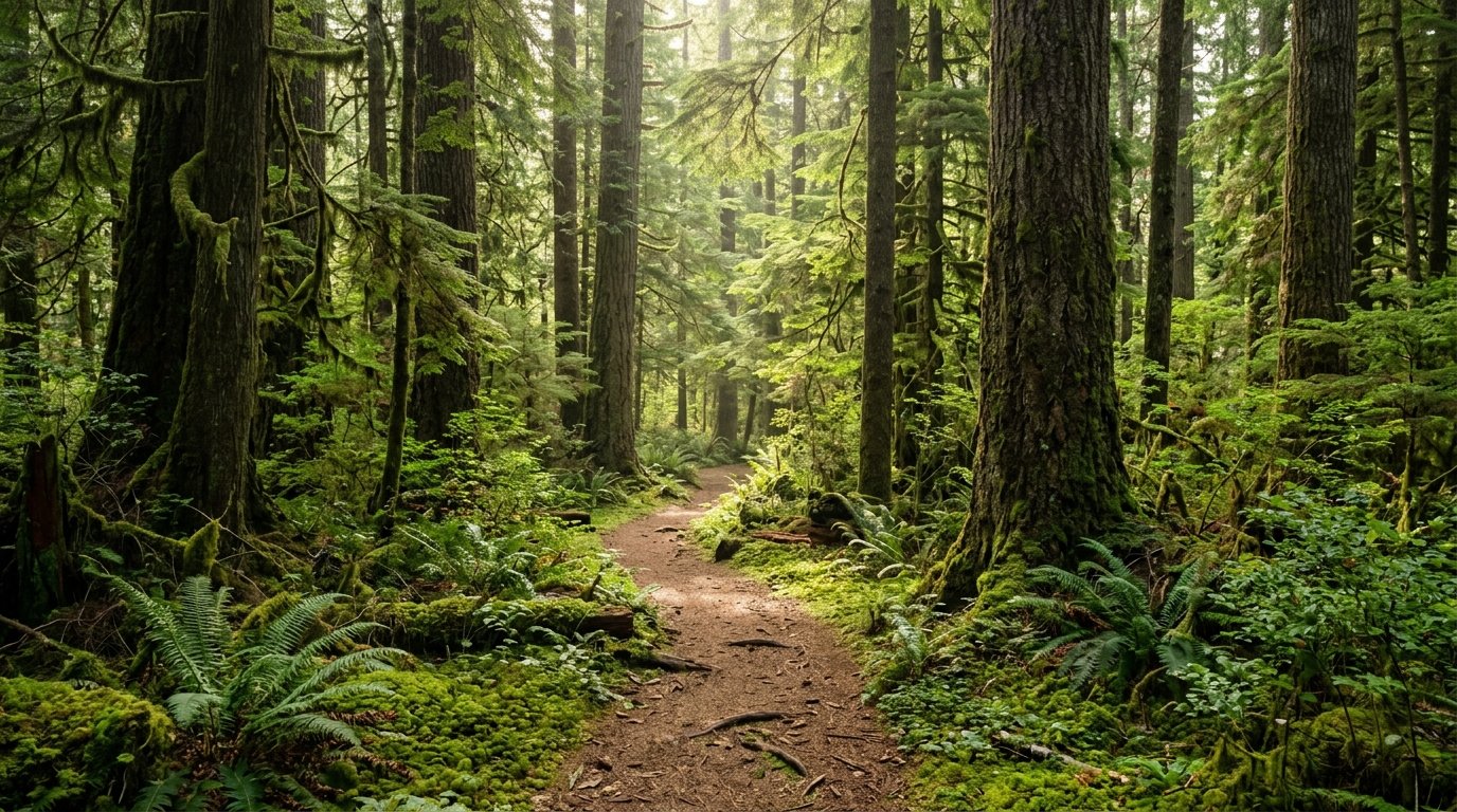 A forest path on Vancouver Island with soft morning light through tall evergreens