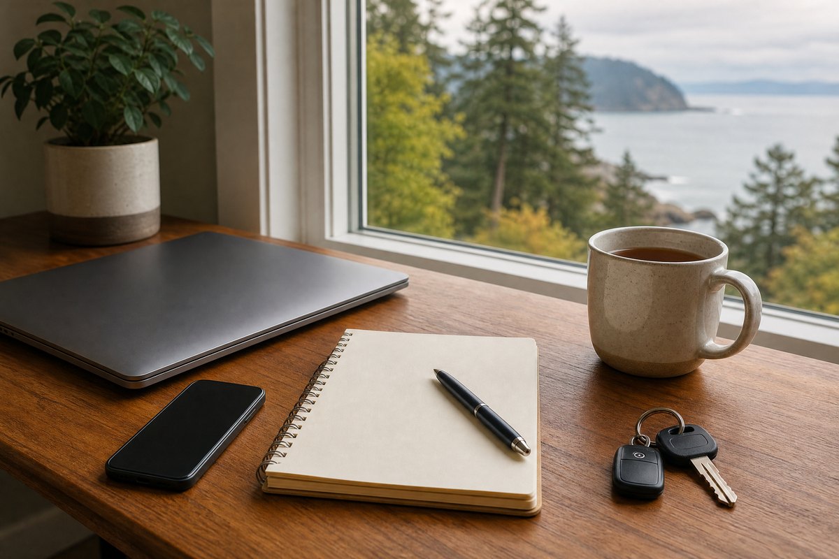 Car keys, a notebook, and a phone arranged for the first steps in an ICBC injury claim