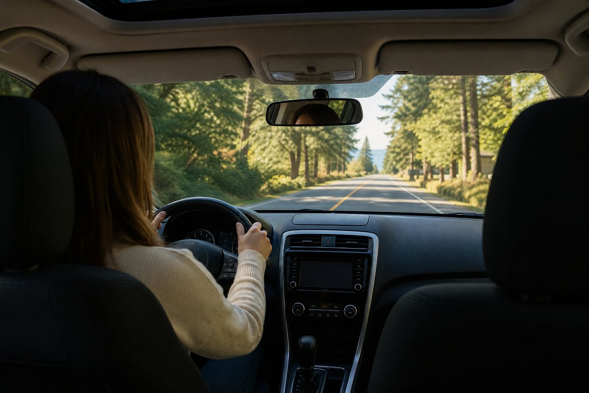 A driver calmly rebuilding confidence on a quiet Vancouver Island road