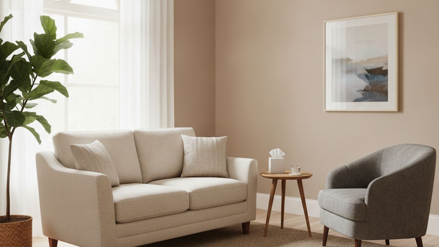 A calm counselling room with a two-seat sofa facing an armchair, soft daylight through a window