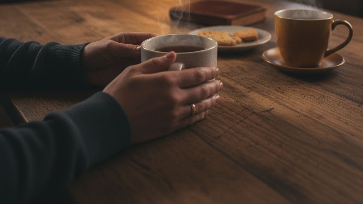Two mugs of tea on a wooden kitchen table in warm evening light, one person's hands around a mug