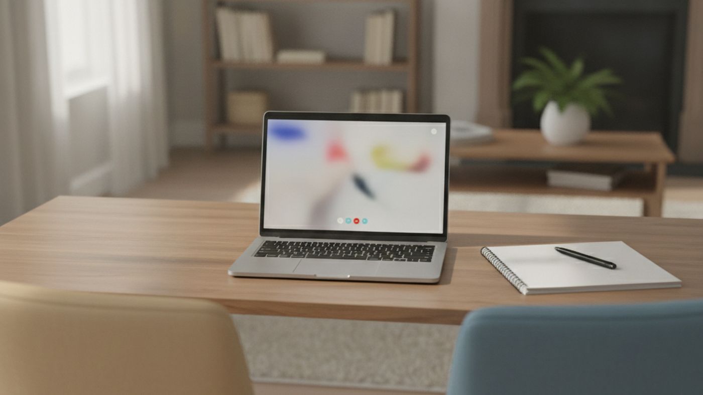 A laptop on a home desk with a blurred video call and two chairs pulled up side by side