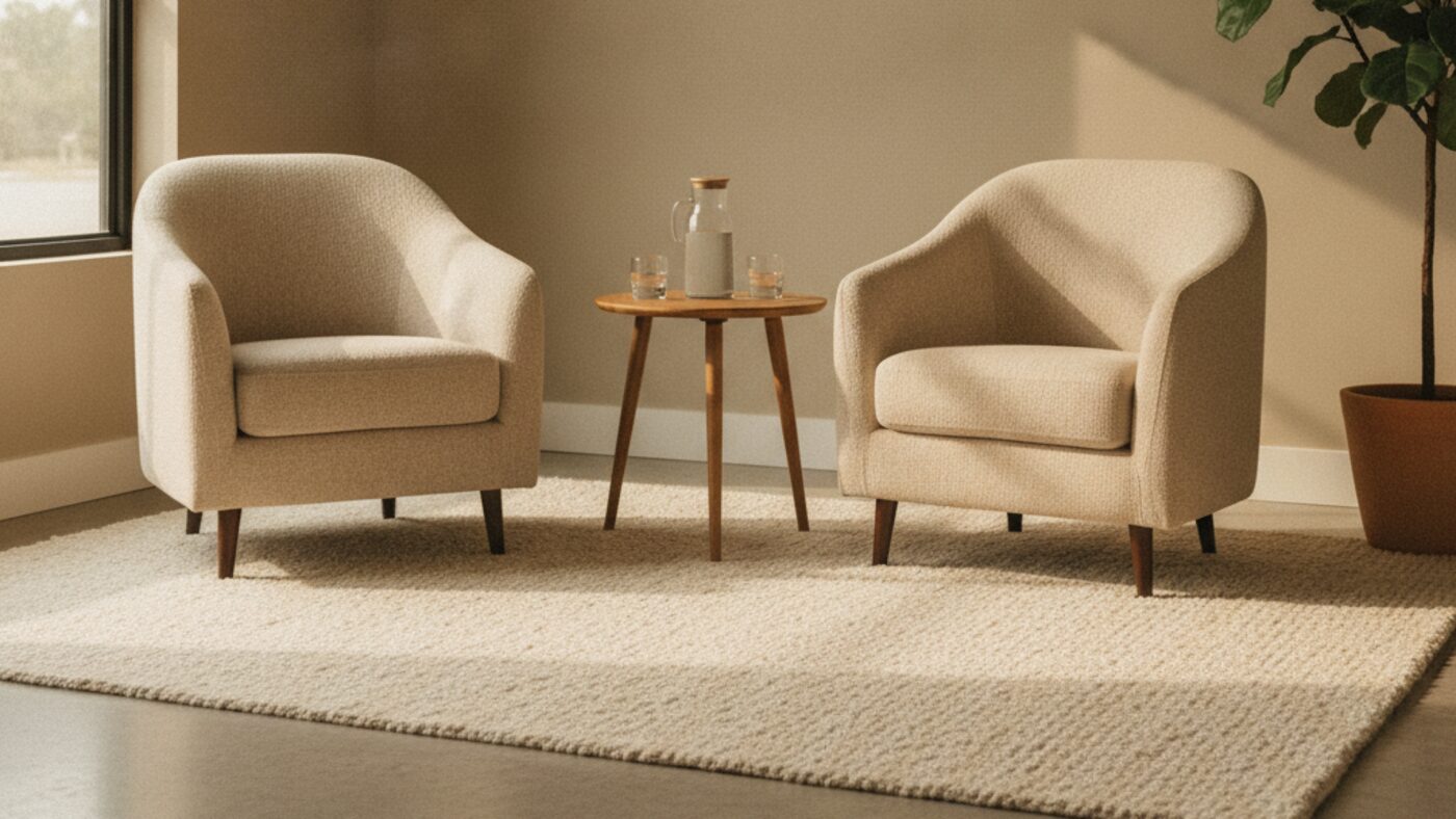 Two chairs facing each other in a warm, plainly furnished counselling room with soft daylight