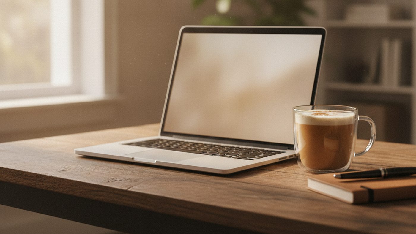 Laptop open on a wooden table at home beside a glass of chai and a notebook, ready for a virtual counselling session