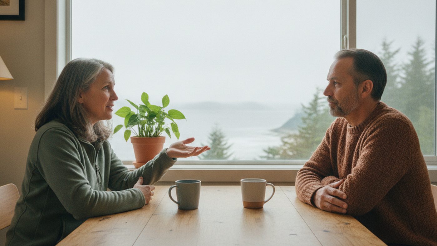 Two adults having a calm, direct conversation about boundaries at a kitchen table