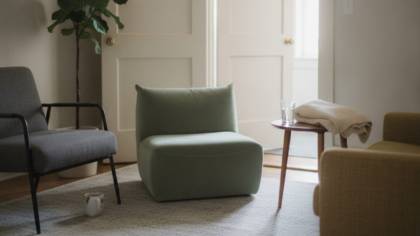 A counselling room arranged so the client can choose their seat and has a clear view of the door