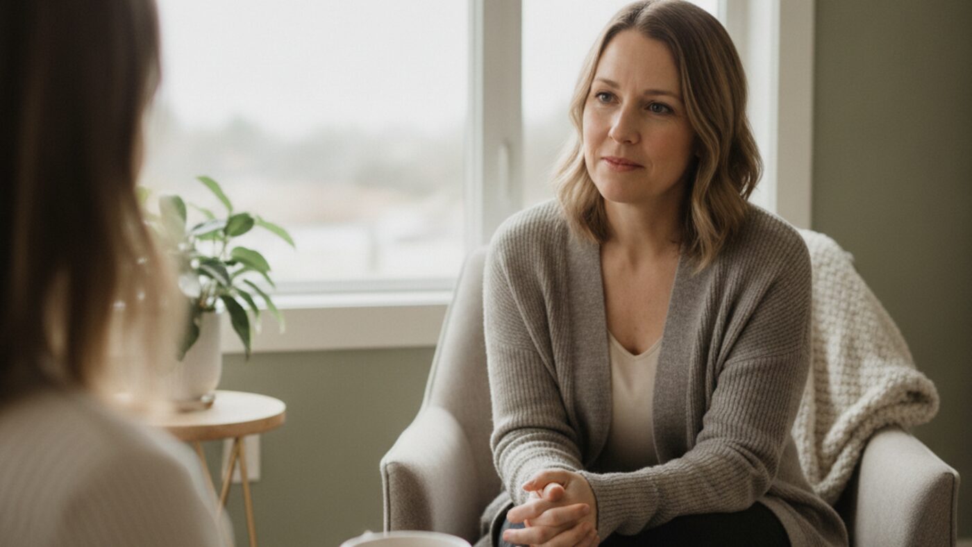 Counsellor and client in unhurried conversation in a Nanaimo therapy room