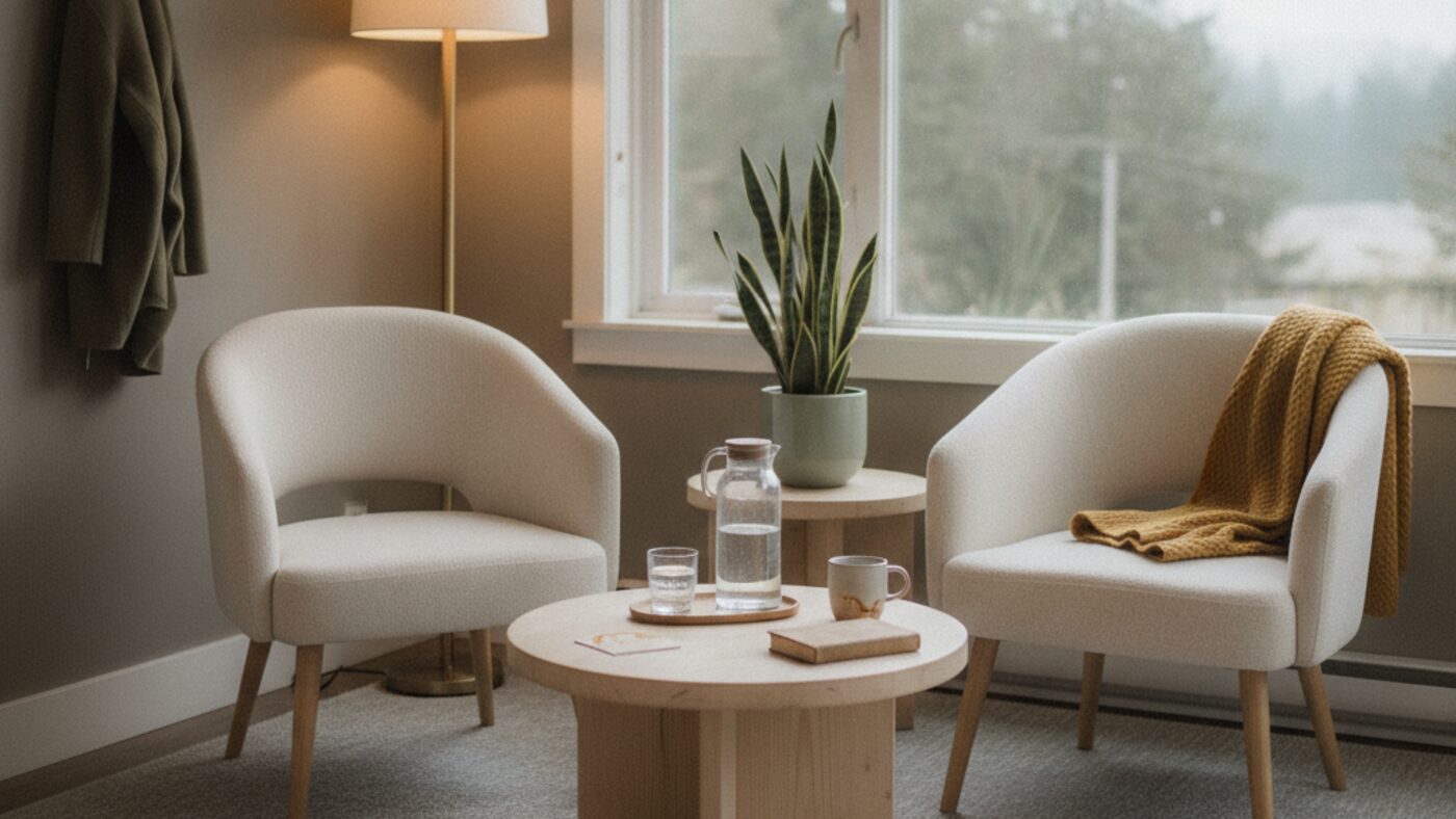 A calm reception area where a first visit to a counselling practice begins