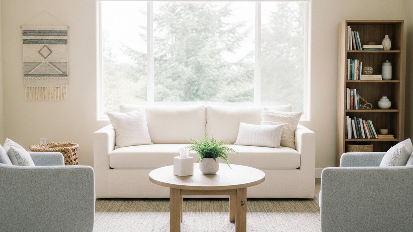 A calm counselling room with a sofa and two armchairs arranged in a loose circle, soft daylight through a window
