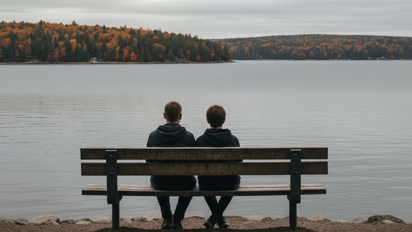 A parent and teenager seen from behind sitting side by side on a bench, looking out over calm water on an overcast autumn day