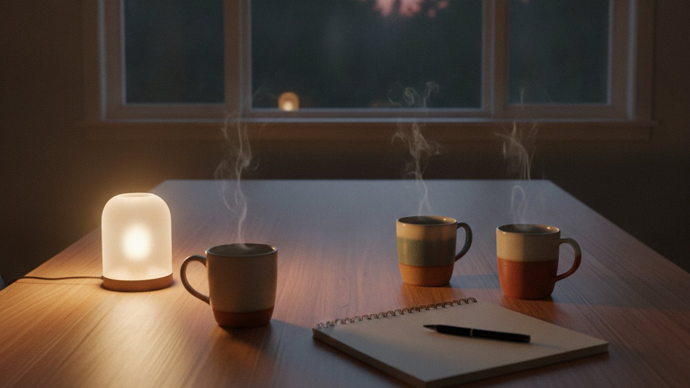 Warm kitchen table with mugs and a notebook in the early evening, suggesting a quieter conversation at home
