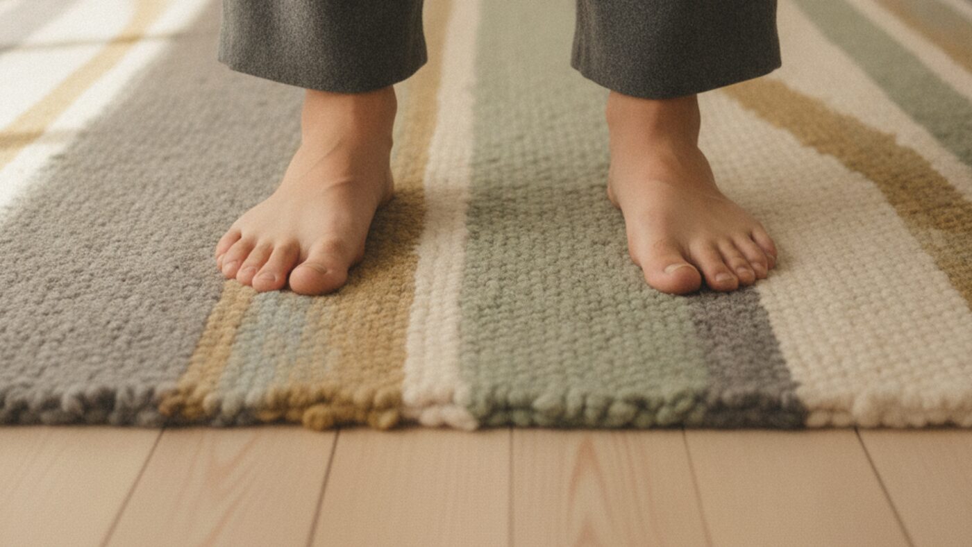 Bare feet resting on a woven rug, the kind of simple grounding exercise used in somatic therapy
