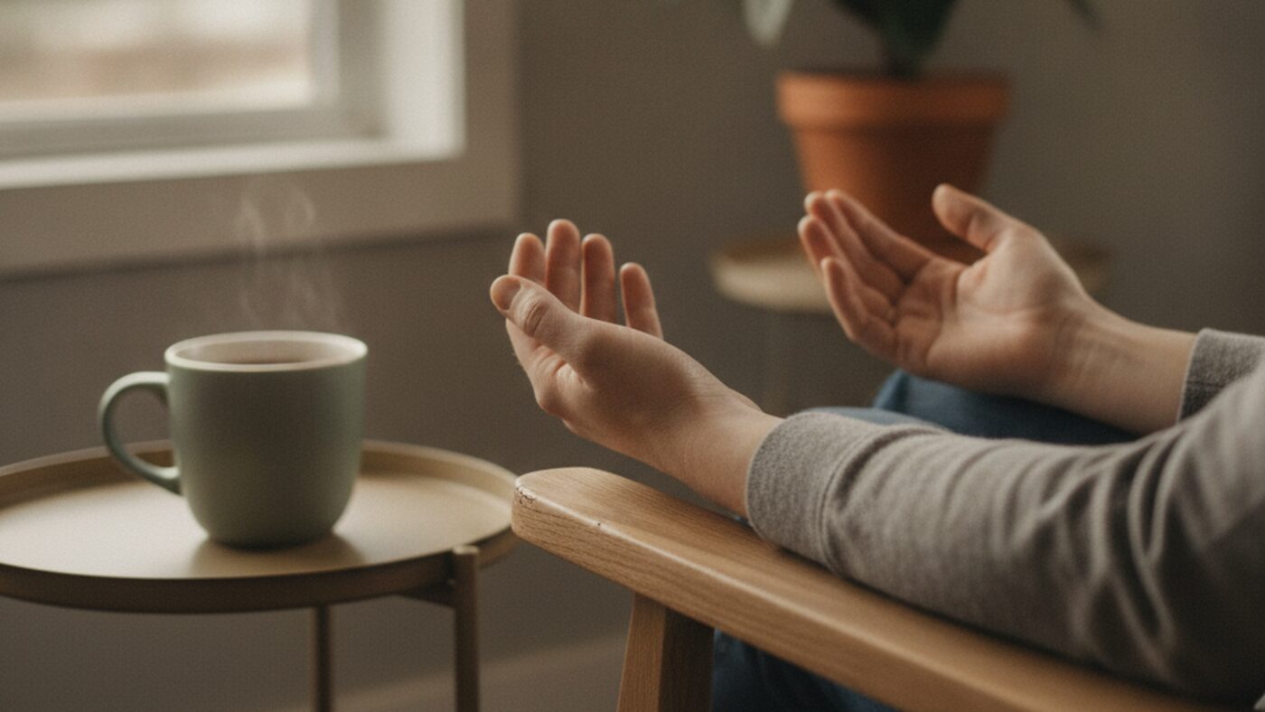 Hands resting open on the arms of a chair beside a cup of tea, a pause to notice breath and body