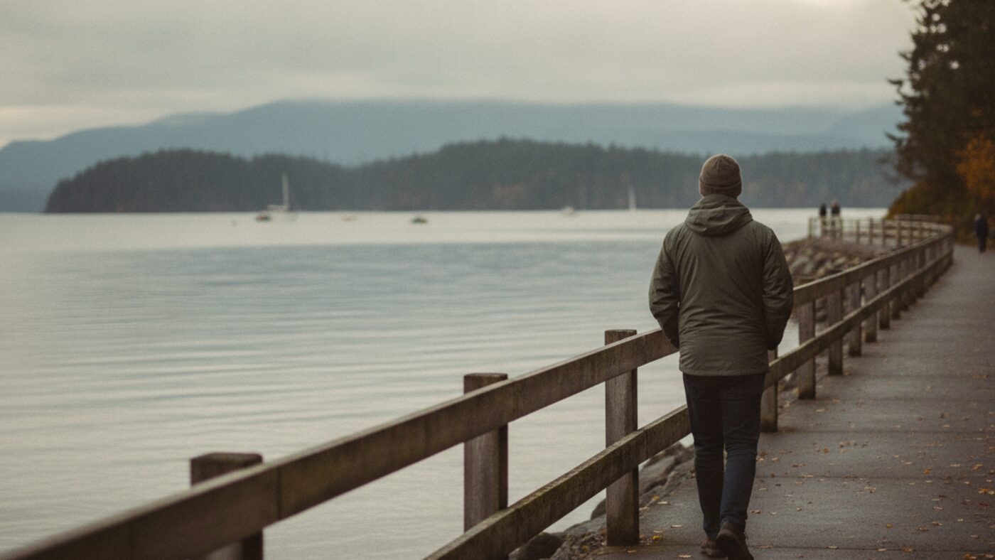 A person walking slowly along a seaside path on Vancouver Island on an overcast morning