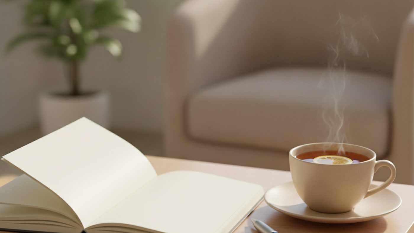 An open blank notebook and pen beside a cup of tea on a side table in a calm counselling room