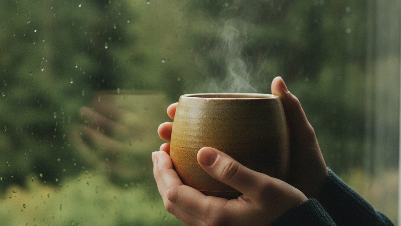 Hands holding a warm mug by a rainy window with blurred evergreen trees outside