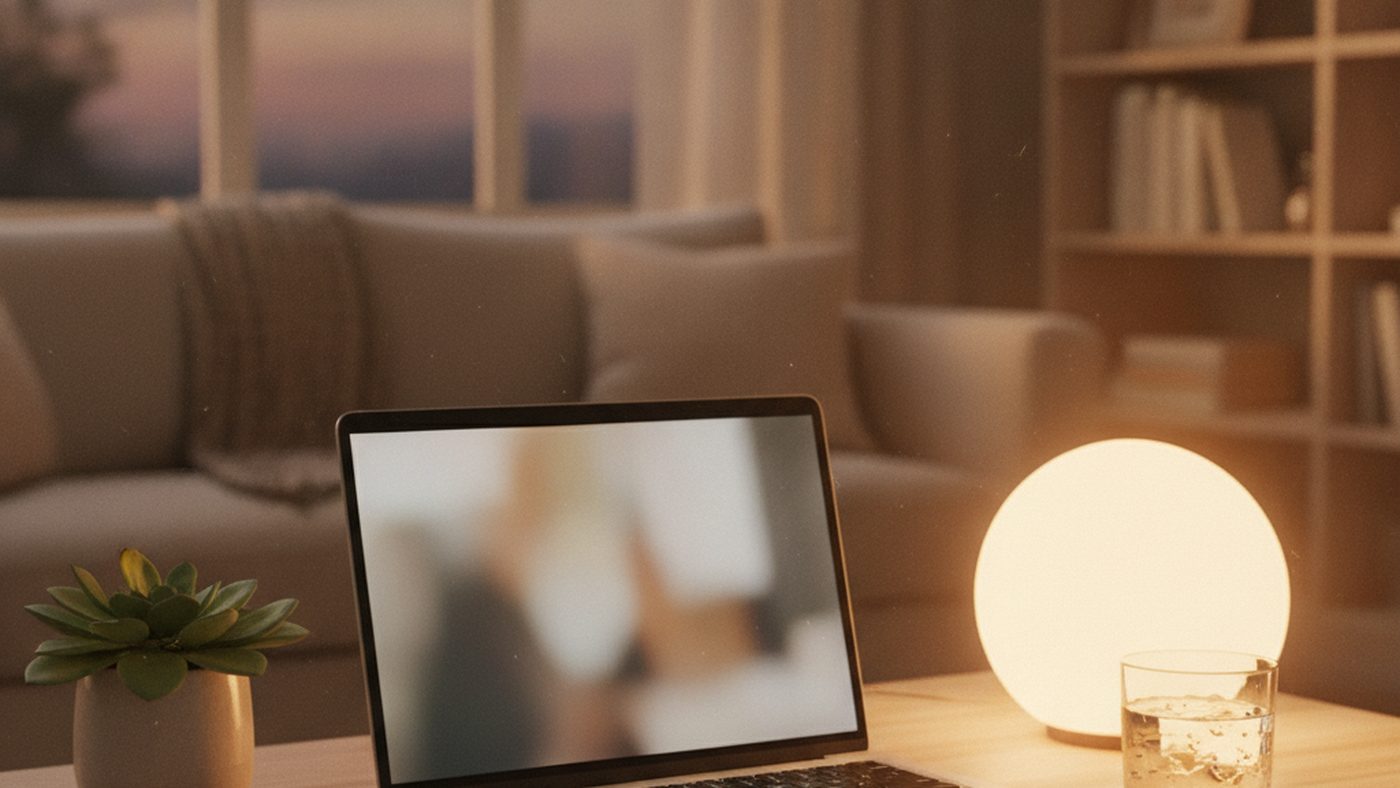 A laptop on a home desk with a blurred video call, a small plant and a glowing lamp in the evening